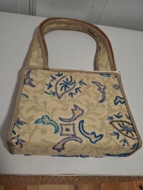 Moo Roo Beige Shoulder Bag with Blue Beaded Embroidery